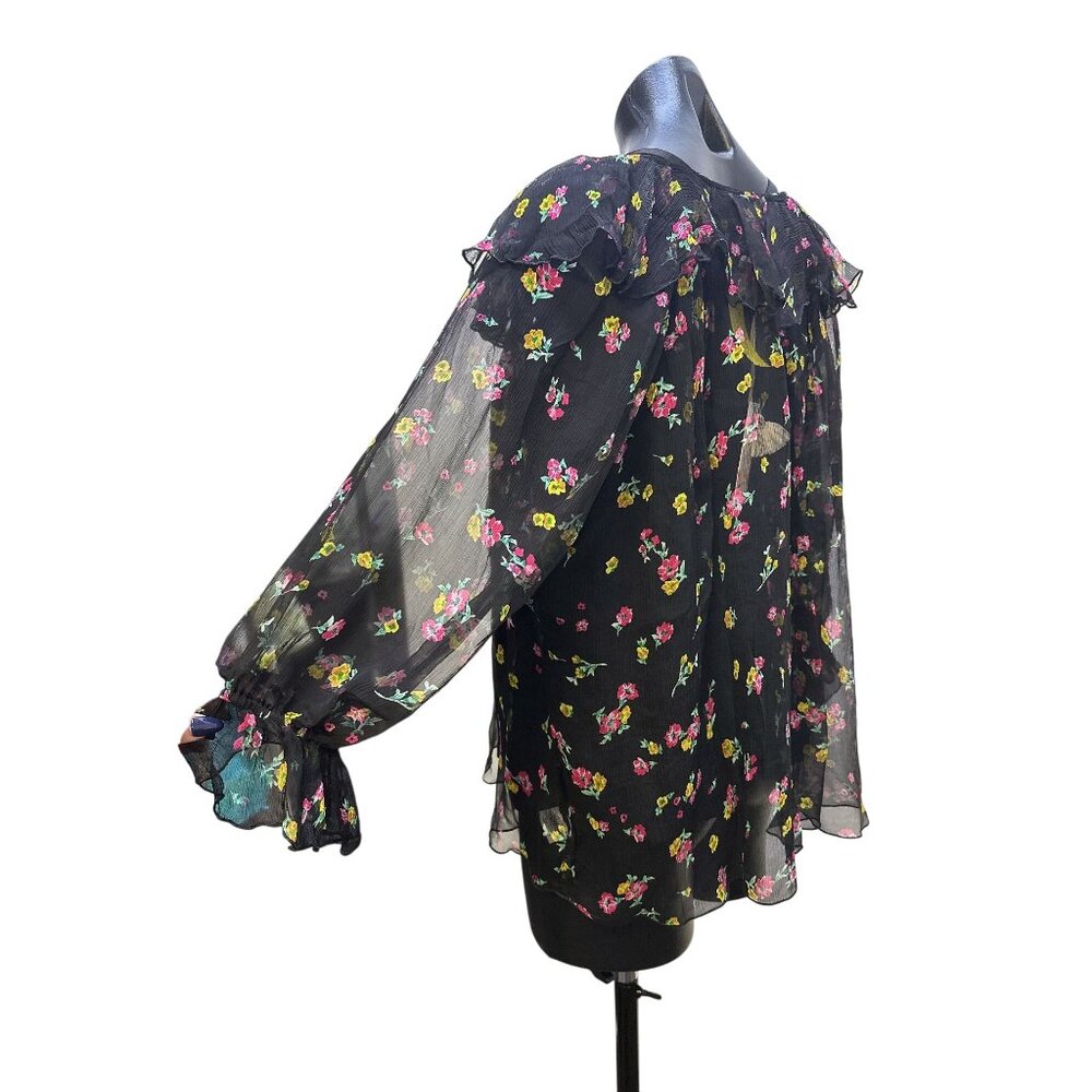 NWT Johnny Was Black Sheer Floral Ruffle Blouse w/Black Undershirt Size L - Picture 7 of 13